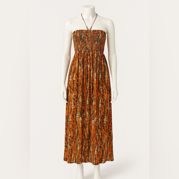 Caren Sport Dresses & Skirts - Caren Sport Smocked Maxi Dress w/ Beaded Halter Strap – Orange Brown Print Sz 1x